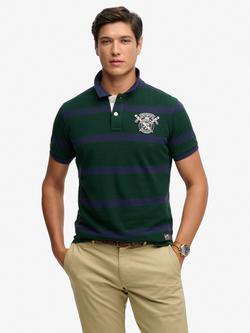 Superdry Crest Stripe Cotton Short Sleeve Polo Shirt, Green/Navy Stripe, Green/Navy Stripe