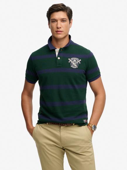Superdry Crest Stripe Cotton Short Sleeve Polo Shirt, Green/Navy Stripe, Green/Navy Stripe