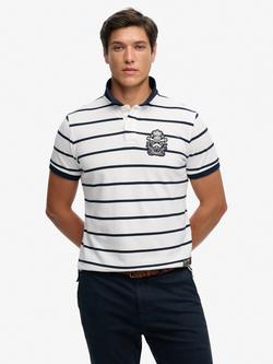 Superdry Crest Stripe Cotton Short Sleeve Polo Shirt, Optic/Navy Stripe, Optic/Navy Stripe