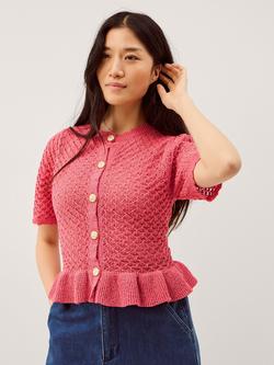 Monsoon Shea Ruffle Short Sleeve Cardigan, Pink, Pink