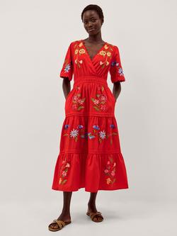 Monsoon Emma Embroidered Floral Dress, Red, Red