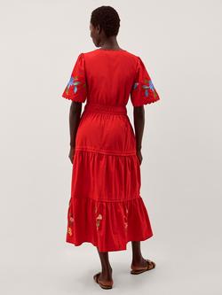 Monsoon Emma Embroidered Floral Dress, Red - view 2, Red