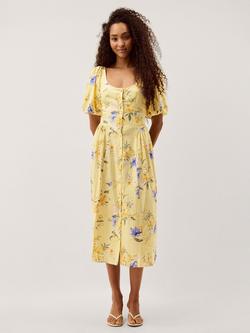 Monsoon Etta Floral Linen Blend Dress, Yellow, Yellow