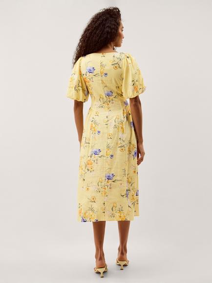 Monsoon Etta Floral Linen Blend Dress, Yellow - view 2, Yellow