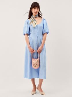 Monsoon Lottie Puff Sleeve Linen Blend Midi Dress, Pale Blue, Pale Blue