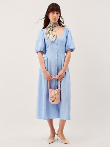 Monsoon Lottie Puff Sleeve Linen Blend Midi Dress, Pale Blue, Pale Blue