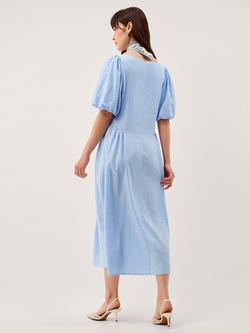 Monsoon Lottie Puff Sleeve Linen Blend Midi Dress, Pale Blue - view 2, Pale Blue