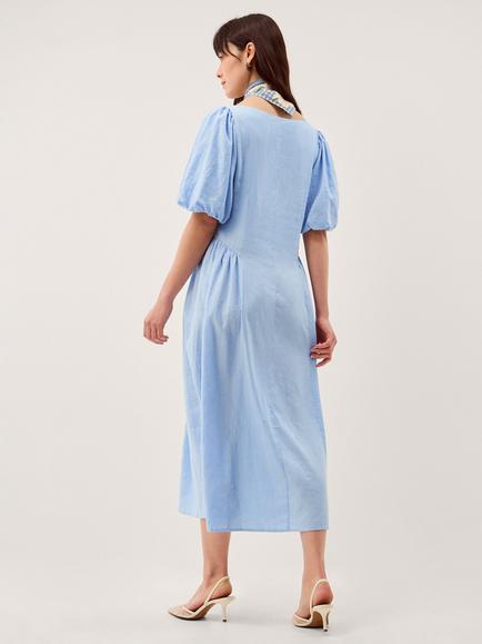 Monsoon Lottie Puff Sleeve Linen Blend Midi Dress, Pale Blue - view 2, Pale Blue