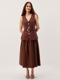 Monsoon Margot Linen Blend Belted Midi Dress, Chocolate, Chocolate