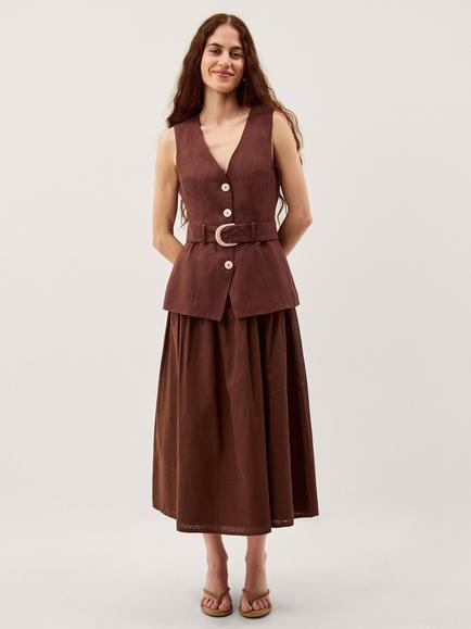 Monsoon Margot Linen Blend Belted Midi Dress, Chocolate, Chocolate