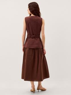 Monsoon Margot Linen Blend Belted Midi Dress, Chocolate - view 2, Chocolate