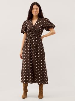 Monsoon Paris Puff Sleeve Polka Dot Midi Dress, Chocolate, Chocolate