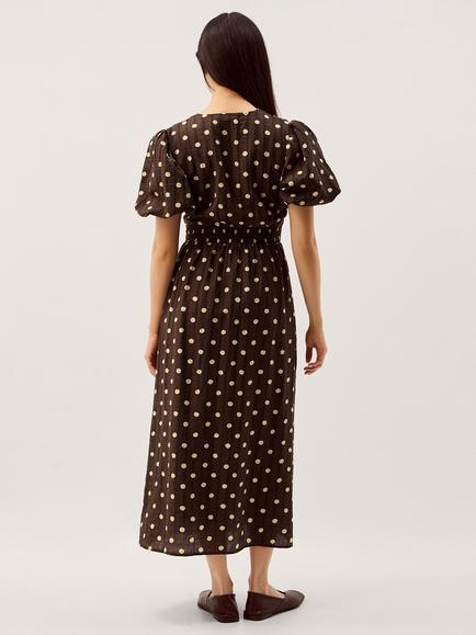 Monsoon Paris Puff Sleeve Polka Dot Midi Dress, Chocolate - view 2, Chocolate
