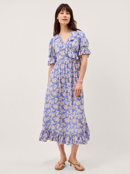 Monsoon Sian Ruffle Floral Dress, Blue/Multi, Blue/Multi