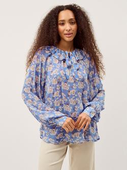 Monsoon Sian Ruffle Neck Floral Top, Blue/Multi, Blue/Multi