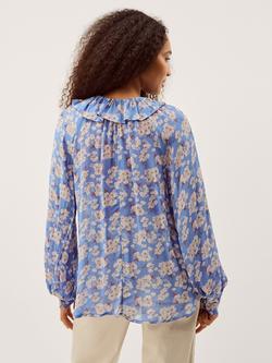 Monsoon Sian Ruffle Neck Floral Top, Blue/Multi - view 2, Blue/Multi