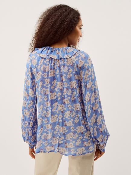 Monsoon Sian Ruffle Neck Floral Top, Blue/Multi - view 2, Blue/Multi