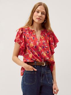 Monsoon Libby Floral V-Neck Jersey Top, Red, Red