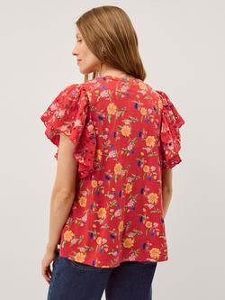 Monsoon Libby Floral V-Neck Jersey Top, Red - view 2, Red