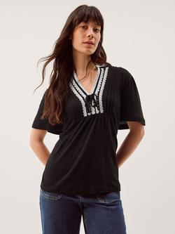 Monsoon Lucia Linen Blend Lace T-Shirt, Black, Black