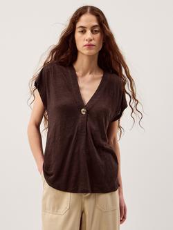 Monsoon Lucy Button Detail Pure Linen T-Shirt, Chocolate, Chocolate