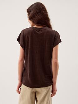 Monsoon Lucy Button Detail Pure Linen T-Shirt, Chocolate - view 2, Chocolate
