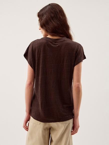 Monsoon Lucy Button Detail Pure Linen T-Shirt, Chocolate - view 2, Chocolate