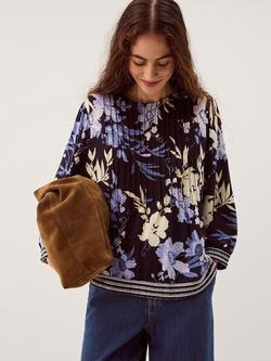 Monsoon Nicolete Floral Linen Rich Top, Navy, Navy