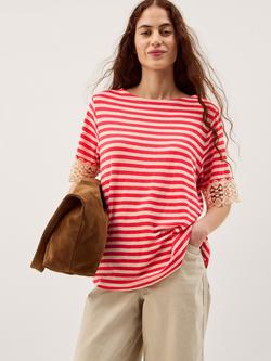Monsoon Sasha Stripe Lace Sleeve Linen Rich T-Shirt, Red, Red