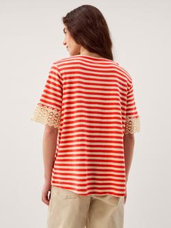 Monsoon Sasha Stripe Lace Sleeve Linen Rich T-Shirt, Red - view 2, Red