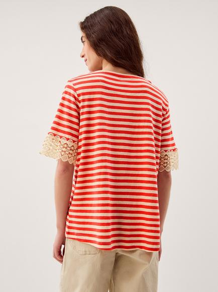 Monsoon Sasha Stripe Lace Sleeve Linen Rich T-Shirt, Red - view 2, Red