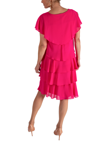 chesca Diamanté Detail Chiffon Tiered Dress - view 2, Hot Pink