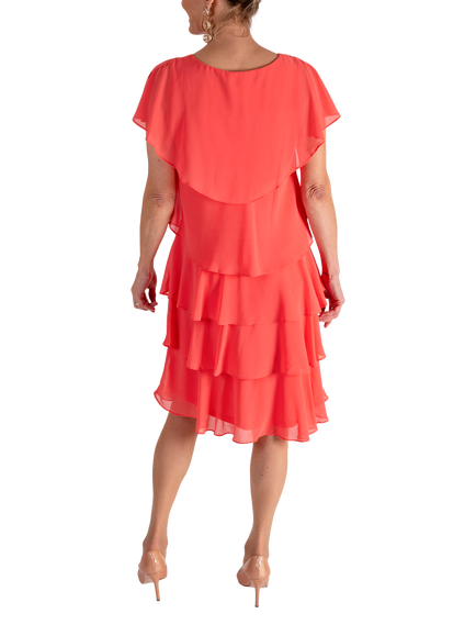 chesca Diamanté Detail Chiffon Tiered Dress - view 2, Papaya