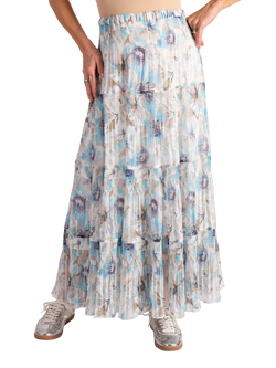 chesca Floral Jacquard Pleated Tiered Skirt, Ivory/Sky, Ivory/Sky