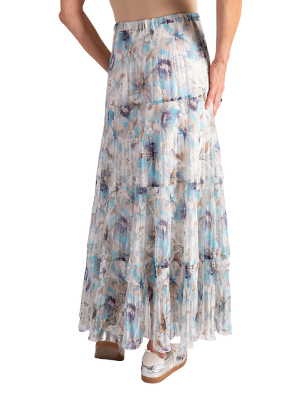 chesca Floral Jacquard Pleated Tiered Skirt, Ivory/Sky - view 2, Ivory/Sky