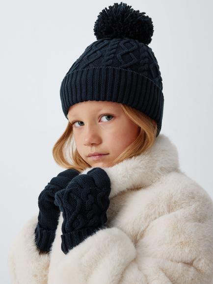 John Lewis Kids' Cable Knit Bobble Hat & Gloves Set, Navy, Navy