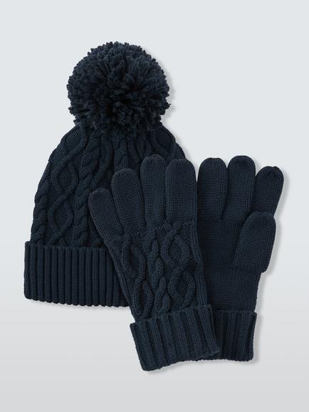 John Lewis Kids' Cable Knit Bobble Hat & Gloves Set, Navy, Navy