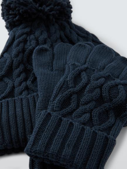 John Lewis Kids' Cable Knit Bobble Hat & Gloves Set, Navy - view 2, Navy