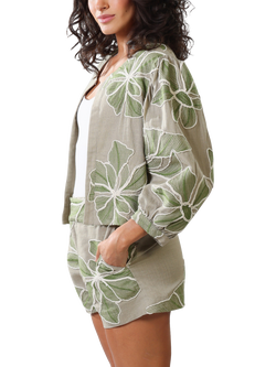 Traffic People Paddle Floral Pure Linen Jacket, Green - view 2, Green