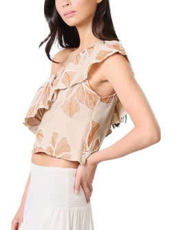 Traffic People Bella Floral Pure Linen Top, Brown - view 2, Brown