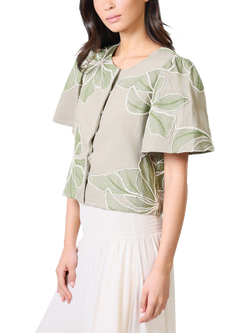 Traffic People Daisy Embroidered Floral Pure Linen Top, Green, Green
