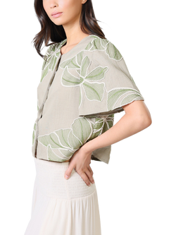 Traffic People Daisy Embroidered Floral Pure Linen Top, Green - view 2, Green