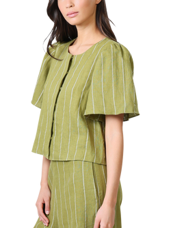 Traffic People Daisy Stripe Pure Linen Top, Green - view 2, Green