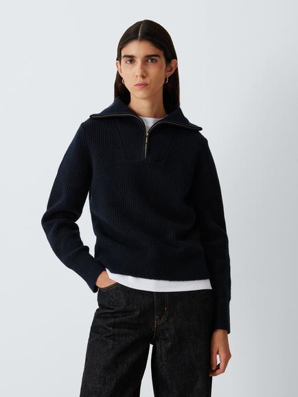 John Lewis Soft Zip Neck Cotton Blend Jersey Top, Navy, Navy