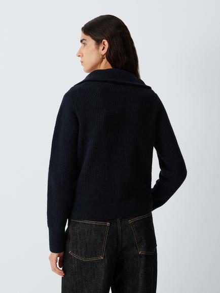 John Lewis Soft Zip Neck Cotton Blend Jersey Top, Navy - view 2, Navy
