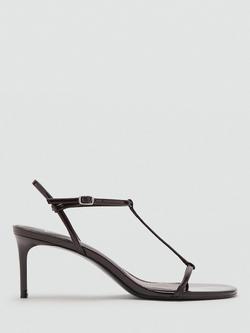 Mango Sculpted T-Strap Mid-Heel Evening Sandals, Chocolate, Chocolate