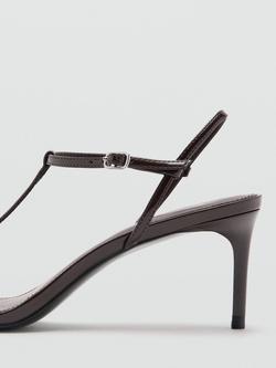 Mango Sculpted T-Strap Mid-Heel Evening Sandals, Chocolate - view 2, Chocolate