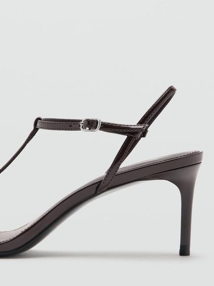 Mango Sculpted T-Strap Mid-Heel Evening Sandals, Chocolate - view 2, Chocolate