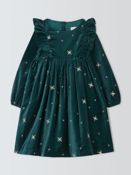 John Lewis Heirloom Collection Kids' Embroidered Stars Velvet Dress, Dark Sea, Dark Sea