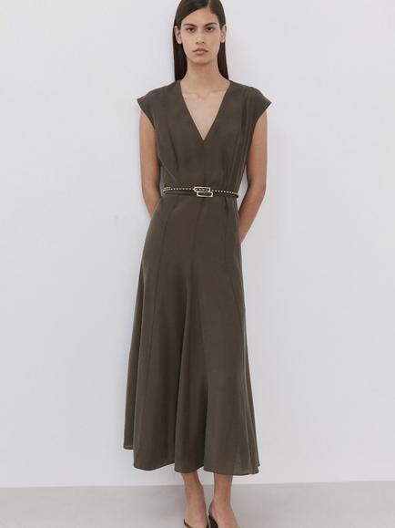 Mango V-Neck Midi Dress, Brown, Brown
